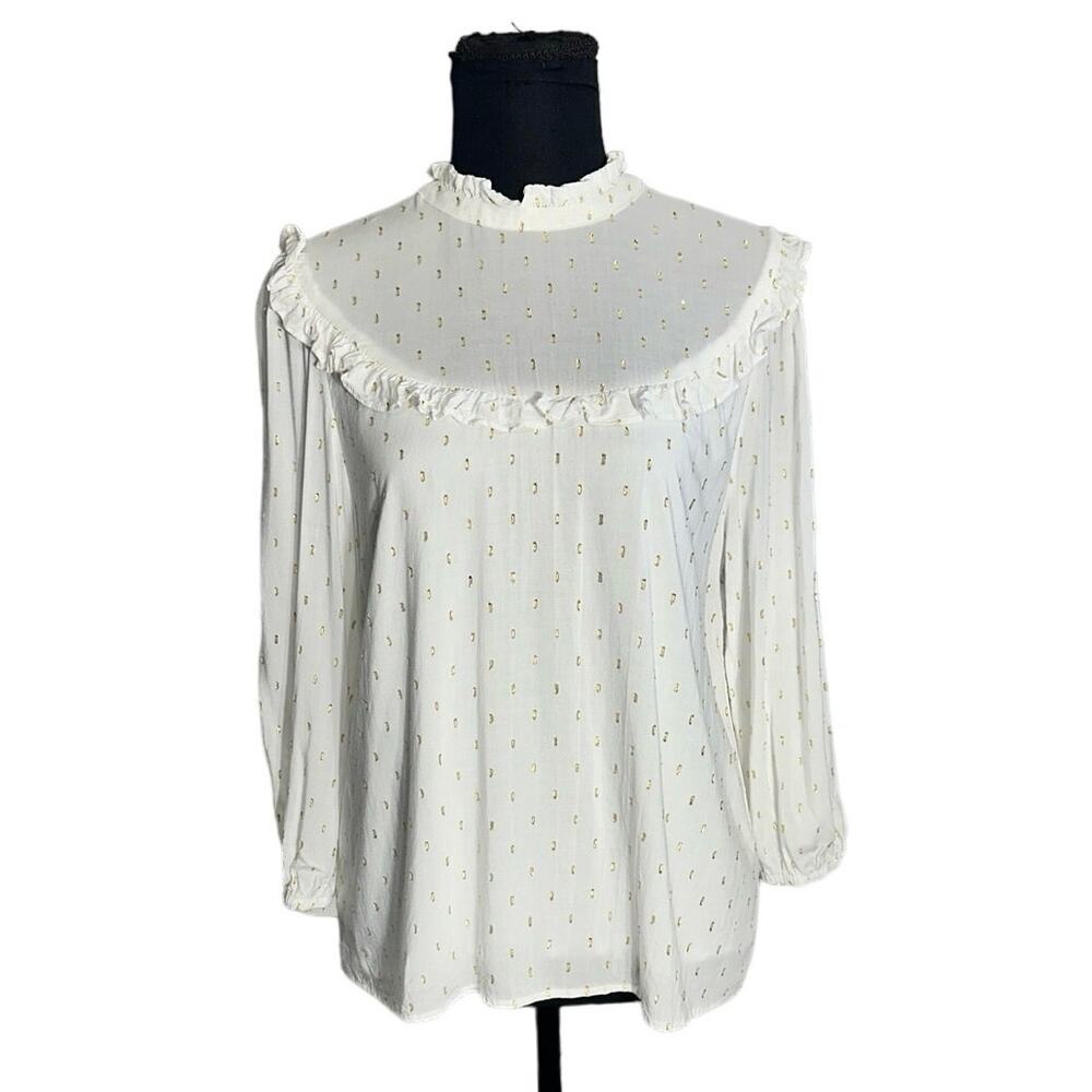 Draper James RSVP Clip Dot Blouse Womens M White Gold Metallic Mock Neck Top - Picture 2 of 11